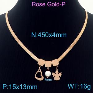 450mm Women Rose-Gold Snake Bone Chain Necklace with Pearl&Love Heart&Abstract Angel Pendants - KN233814-KFC