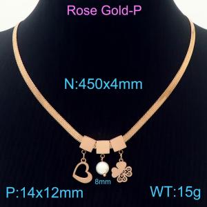 450mm Women Rose-Plated Snake Bone Chain Necklace with Pearl&Love Heart&Clover Pendants - KN233816-KFC