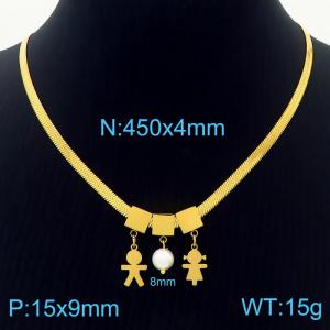 450mm Women Gold-Plated Snake Bone Chain Necklace with Pearl&Girl&Boy Pendants - KN233828-KFC