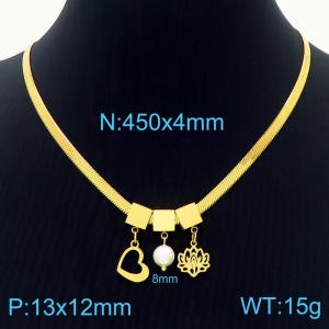 450mm Women Gold-Plated Snake Bone Chain Necklace with Pearl&Love Heart&Lotus Pendants - KN233830-KFC