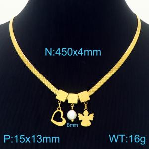 450mm Women Rose-Plated Snake Bone Chain Necklace with Pearl&Love Heart&Abstract Angel Pendants - KN233832-KFC