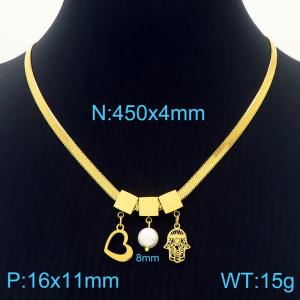 450mm Women Gold-Plated Snake Bone Chain Necklace with Pearl&Love Heart&Thick Palm Pendants - KN233839-KFC