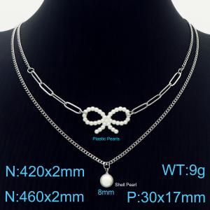 Stainless steel   420x2mm link chain &460x2mm cuban chain fashion bow plastic pearl with ball shell pearl silver 2 layers chain necklace - KN236024-Z