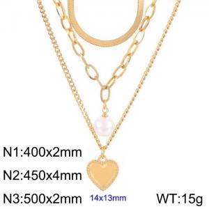 Fashion French stainless steel triple layer wear small pearl heart necklace women - KN236272-Z