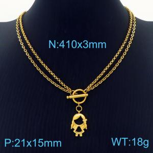 OT Clasp Double Link Chain Gold Color Stainless Steel Girl Pendant Necklace - KN236446-Z