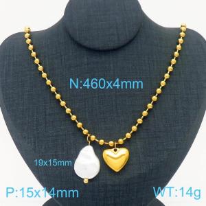 4mm Solid Heart & Shell Pearl Stainless Steel Bead Necklace Gold Color - KN236586-Z