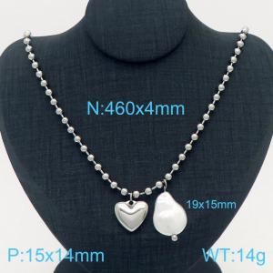 4mm Solid Heart & Shell Pearl Stainless Steel Bead Necklace Silver Color - KN236587-Z
