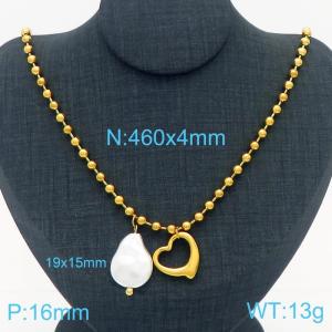 4mm Hollow Heart & Shell Pearl Stainless Steel Bead Necklace Gold Color - KN236588-Z