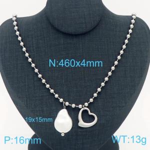 4mm Hollow Heart & Shell Pearl Stainless Steel Bead Necklace Silver Color - KN236589-Z
