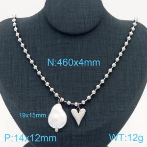 4mm Heart & Shell Pearl Stainless Steel Bead Necklace Silver Color - KN236592-Z