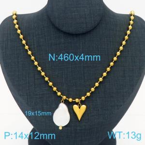 4mm Heart & Shell Pearl Stainless Steel Bead Necklace Gold Color - KN236593-Z