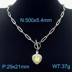 5.4mm Heart Pendant Light Yellow Zircon Link Chain Stainless Steel Necklace Silver Color - KN236609-Z