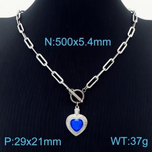 5.4mm Heart Pendant Dark Blue Zircon Link Chain Stainless Steel Necklace Silver Color - KN236611-Z