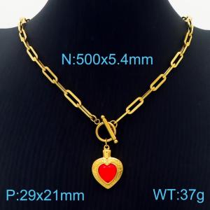 5.4mm Heart Pendant Red Zircon Link Chain Stainless Steel Necklace Gold Color - KN236616-Z