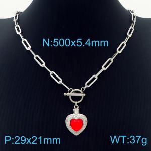 5.4mm Heart Pendant Red Zircon Link Chain Stainless Steel Necklace Silver Color - KN236617-Z