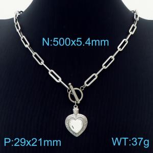 5.4mm Heart Pendant White Zircon Link Chain Stainless Steel Necklace Silver Color - KN236619-Z