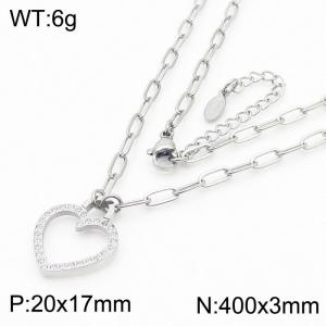 Lightweight Silver Stainless Steel Necklace Cubic Zirconia Heart Shaped Pendant Necklace Adjustable Size - KN237380-KLX
