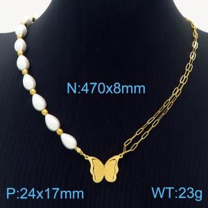 470mm Women Stainless Steel&Shell Links Necklace with Vivid Butterfly Pendant - KN237560-KSP