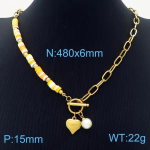 Stainless steel fashionable and simple colored beaded connection O-chain, heart-shaped pearl pendant gold necklace - KN237589-NJ