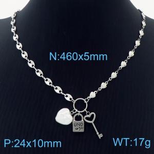 Stainless steel fashionable and minimalist mix and match chain lock key heart-shaped pearl pendant jewelry silver necklace - KN237592-NJ