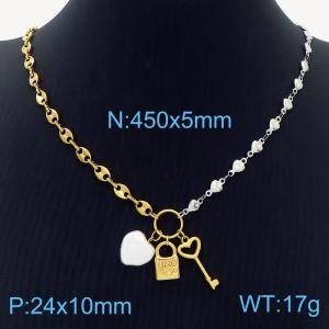 Stainless steel fashionable and minimalist mix and match color chain key lock heart-shaped pearl pendant necklace - KN237593-NJ