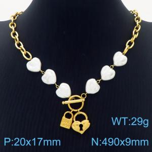 Stainless steel fashion simple string pearl heart shaped connection o chain, love lock clasp pendant gold necklace - KN237595-NJ