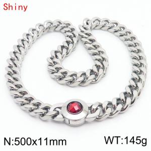 50cm personalized trendy titanium steel polished Cuban chain silver necklace with red crystal snap closure - KN238443-Z