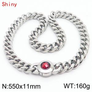55cm personalized trendy titanium steel polished Cuban chain silver necklace with red crystal snap closure - KN238444-Z