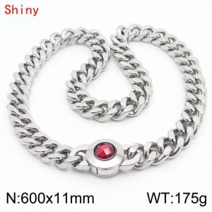 60cm personalized trendy titanium steel polished Cuban chain silver necklace with red crystal snap closure - KN238445-Z
