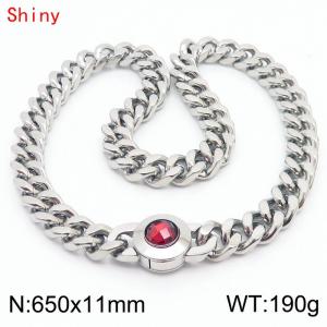 65cm personalized trendy titanium steel polished Cuban chain silver necklace with red crystal snap closure - KN238446-Z