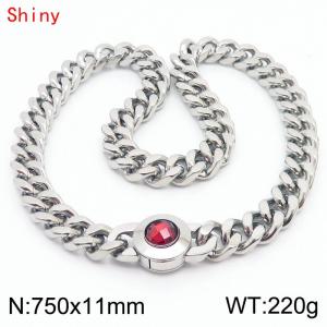 75cm personalized trendy titanium steel polished Cuban chain silver necklace with red crystal snap closure - KN238448-Z