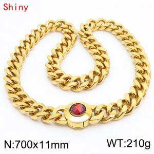 71cm personalized trendy titanium steel polished Cuban chain gold necklace with red crystal snap closure - KN238454-Z
