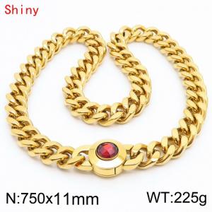 75cm personalized trendy titanium steel polished Cuban chain gold necklace with red crystal snap closure - KN238455-Z