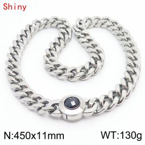 45cm personalized trendy titanium steel polished Cuban chain silver necklace with black crystal snap closure - KN238456-Z