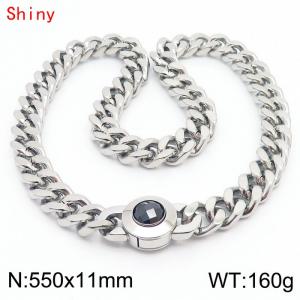 55cm personalized trendy titanium steel polished Cuban chain silver necklace with black crystal snap closure - KN238458-Z