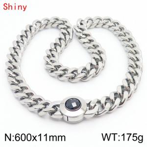 60cm personalized trendy titanium steel polished Cuban chain silver necklace with black crystal snap closure - KN238459-Z