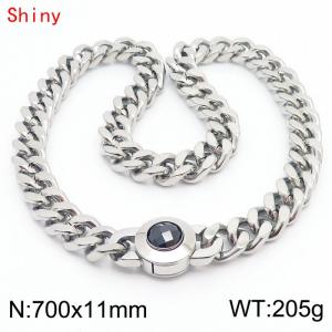 71cm personalized trendy titanium steel polished Cuban chain silver necklace with black crystal snap closure - KN238461-Z