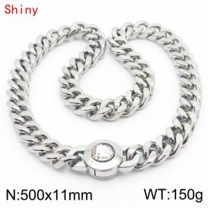 50cm personalized trendy titanium steel polished Cuban chain silver necklace with white crystal snap closure - KN238471-Z