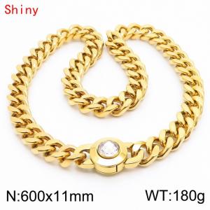 60cm personalized trendy titanium steel polished Cuban chain gold necklace with white crystal snap closure - KN238480-Z