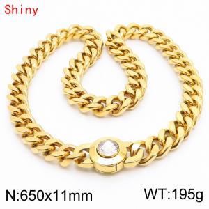 65cm personalized trendy titanium steel polished Cuban chain gold necklace with white crystal snap closure - KN238481-Z