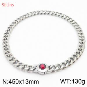 Fashionable and personalized stainless steel 450 × 13mm Cuban Chain Polished Round Buckle Inlaid with Red Glass Diamond Charm Silver Necklace - KN238708-Z