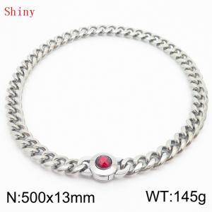 Fashionable and personalized stainless steel 500 × 13mm Cuban Chain Polished Round Buckle Inlaid with Red Glass Diamond Charm Silver Necklace - KN238709-Z