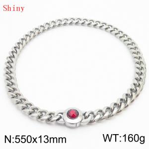 Fashionable and personalized stainless steel 550 × 13mm Cuban Chain Polished Round Buckle Inlaid with Red Glass Diamond Charm Silver Necklace - KN238710-Z