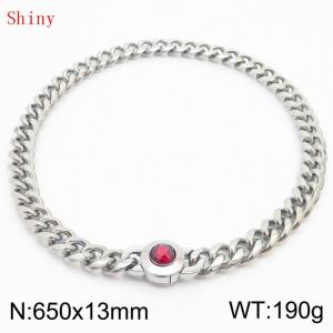 Fashionable and personalized stainless steel 650 × 13mm Cuban Chain Polished Round Buckle Inlaid with Red Glass Diamond Charm Silver Necklace - KN238712-Z