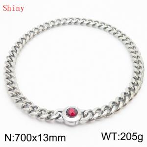 Fashionable and personalized stainless steel 700 × 13mm Cuban Chain Polished Round Buckle Inlaid with Red Glass Diamond Charm Silver Necklace - KN238713-Z