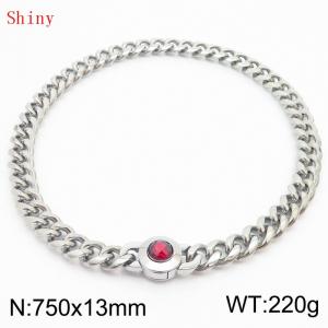 Fashionable and personalized stainless steel 750 × 13mm Cuban Chain Polished Round Buckle Inlaid with Red Glass Diamond Charm Silver Necklace - KN238714-Z