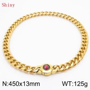 Fashionable and personalized stainless steel 450 × 13mm Cuban Chain Polished Round Buckle Inlaid with Red Glass Diamond Charm Gold  Necklace - KN238715-Z