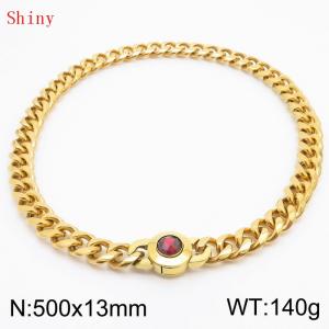 Fashionable and personalized stainless steel 500 × 13mm Cuban Chain Polished Round Buckle Inlaid with Red Glass Diamond Charm Gold  Necklace - KN238716-Z