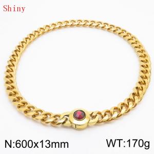 Fashionable and personalized stainless steel 600 × 13mm Cuban Chain Polished Round Buckle Inlaid with Red Glass Diamond Charm Gold  Necklace - KN238718-Z