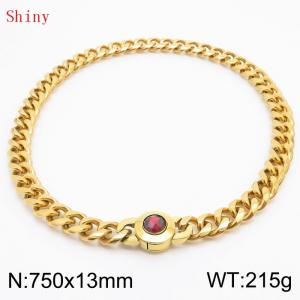 Fashionable and personalized stainless steel 750 × 13mm Cuban Chain Polished Round Buckle Inlaid with Red Glass Diamond Charm Gold  Necklace - KN238721-Z